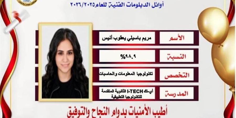 مريم باسيلي من أوائل الدبلومات الفنية بالقاهرة: لم أكترث للنظرة المجتمعية عند اختيار التعليم الفني - المدينة برس
