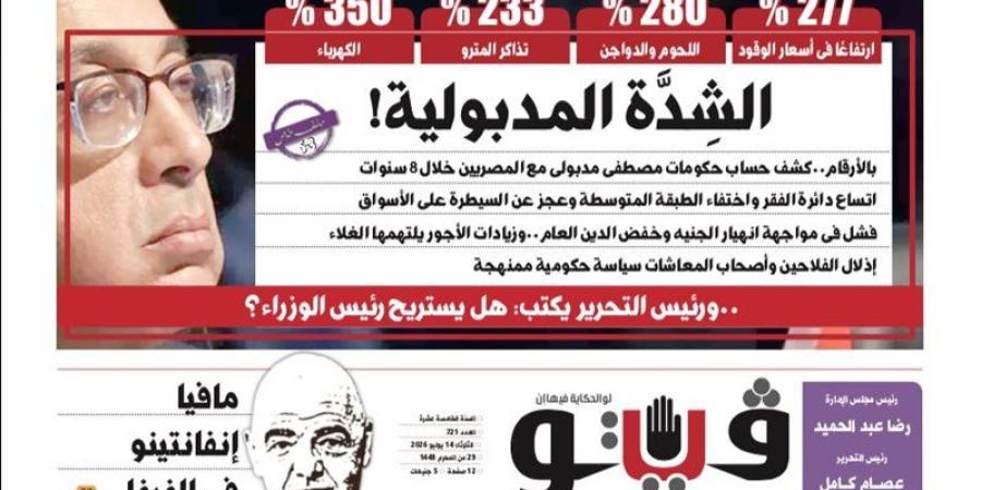 العدد (721) من «فيتو» وأبرز عناوينه: الشِدَّة‭ ‬المدبولية‭!‬ بالأرقام‭..‬كشف‭ ‬حساب‭ ‬حكومات‭ ‬مصطفى‭ ‬مدبولى‭ ‬مع‭ ‬المصريين‭ ‬خلال‭ ‬8‭ ‬سنوات - المدينة برس